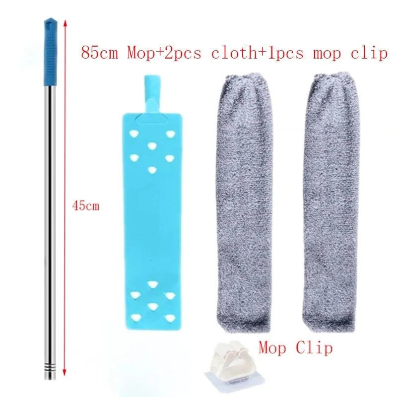 A set of mop and cloth with a mop clip shown next to a long telescopic duster.