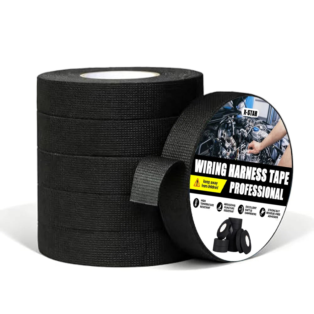 Roll of black heavy-duty electrical wiring harness tape with professional labeling and packaging.