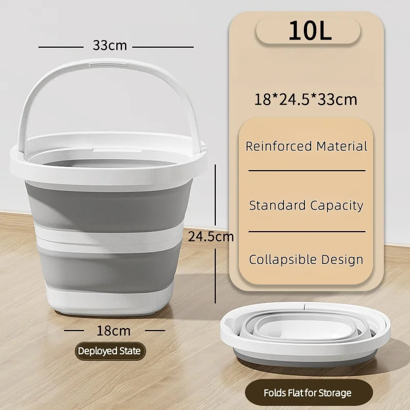A white collapsible water bucket with a handle and a lid is shown next to its dimensions.