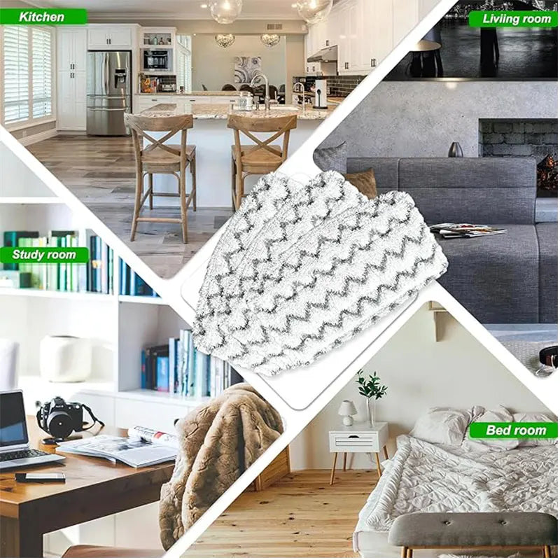 A collage showing various rooms with replacement microfiber pads for a Shark steam mop.