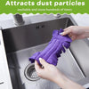 A purple reusable electrostatic duster is shown being used to clean a kitchen sink.