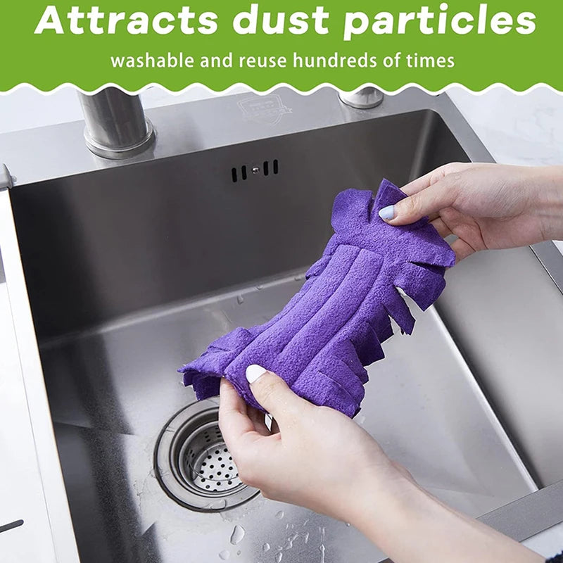 A purple reusable electrostatic duster is shown being used to clean a kitchen sink.
