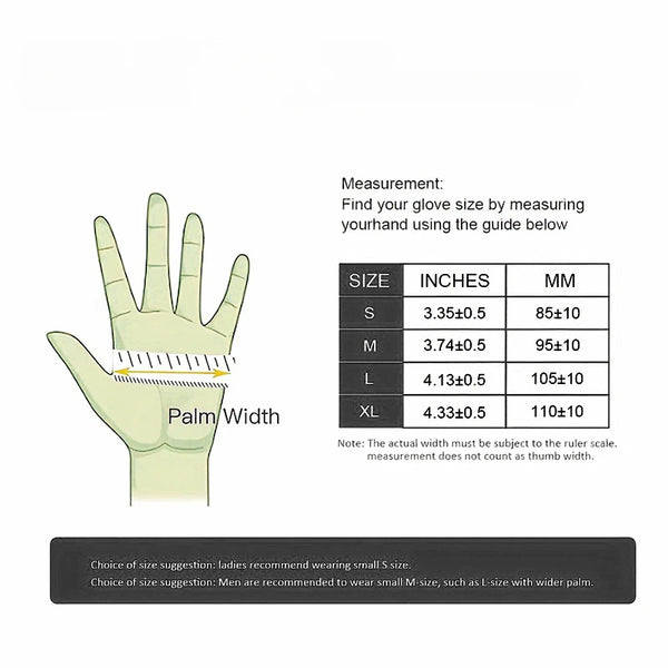 Guide for measuring hand size to select the correct glove size S through XL