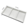White dental autoclavable cabinet tray organizer with three compartments and dimensions 19.5cm long and 9.5cm wide.