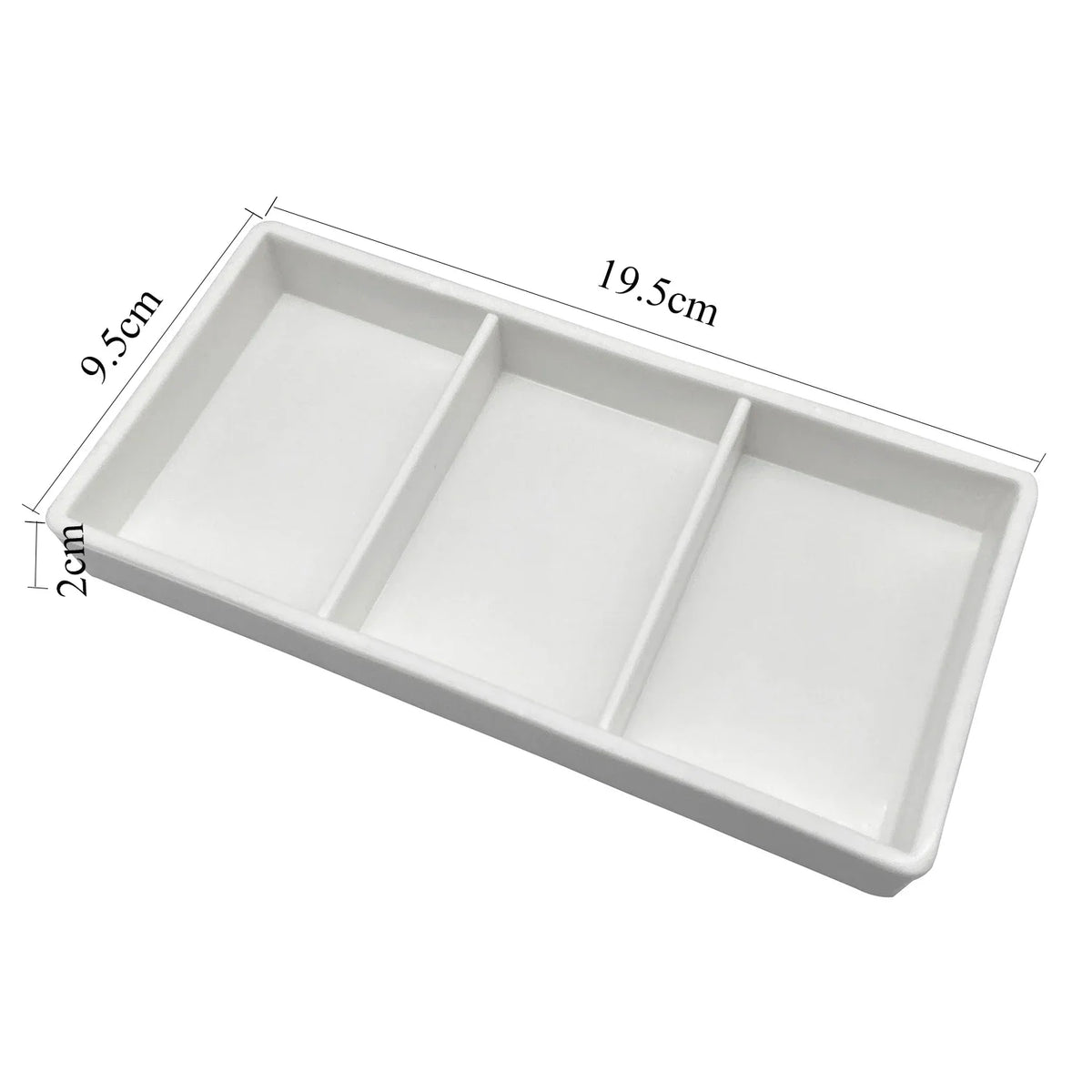 White dental autoclavable cabinet tray organizer with three compartments and dimensions 19.5cm long and 9.5cm wide.