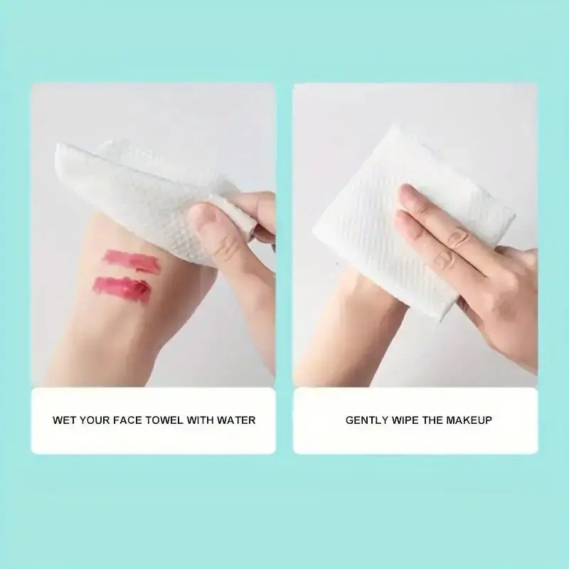 Hände wischen Make-up sanft vom Gesicht mit einem Einweg-Baumwolltaschentuch ab.