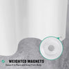 White shower curtain liner with weighted magnets used to keep it in place and away from the body
