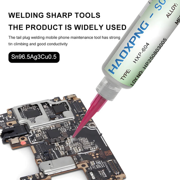 A tool with a tip is shown applying solder paste to a circuit board for SMD repair.