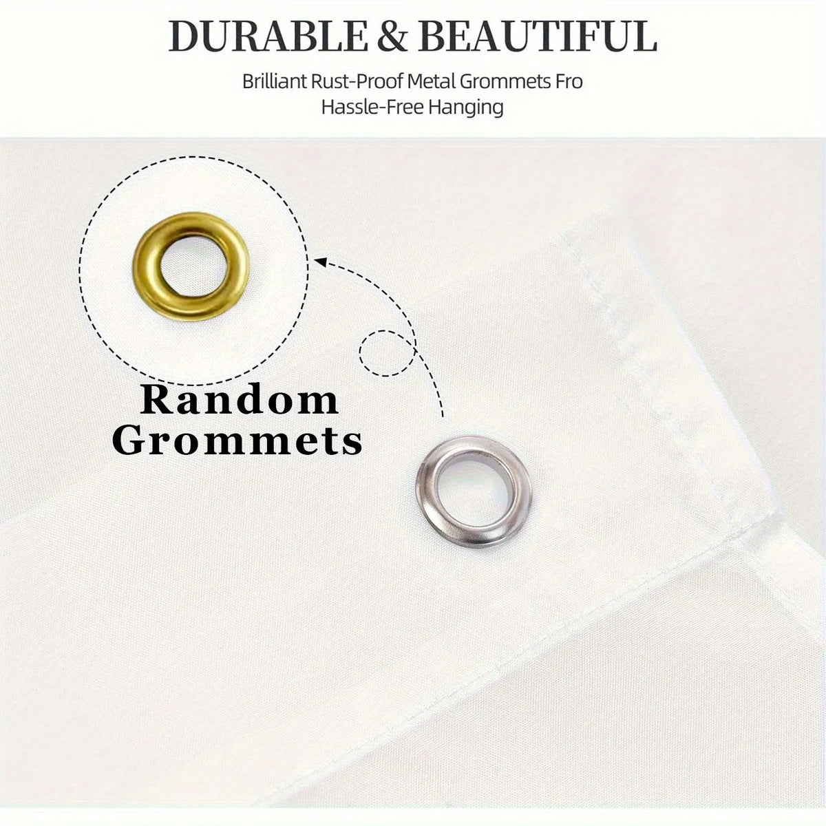 A close-up of a brass metal grommet and a silver metal grommet on white fabric.