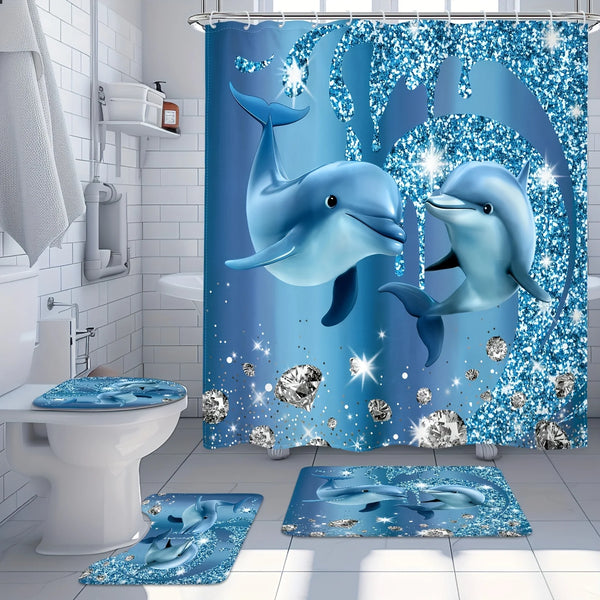 Magisches Delfin-Spielzimmer-Set mit blauem Delfin-Mural auf der Duschtuch und passender Bademat.