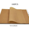 Roll of 100 non-stick baking parchment sheets, tan color, measuring 9 inches by 13 inches.