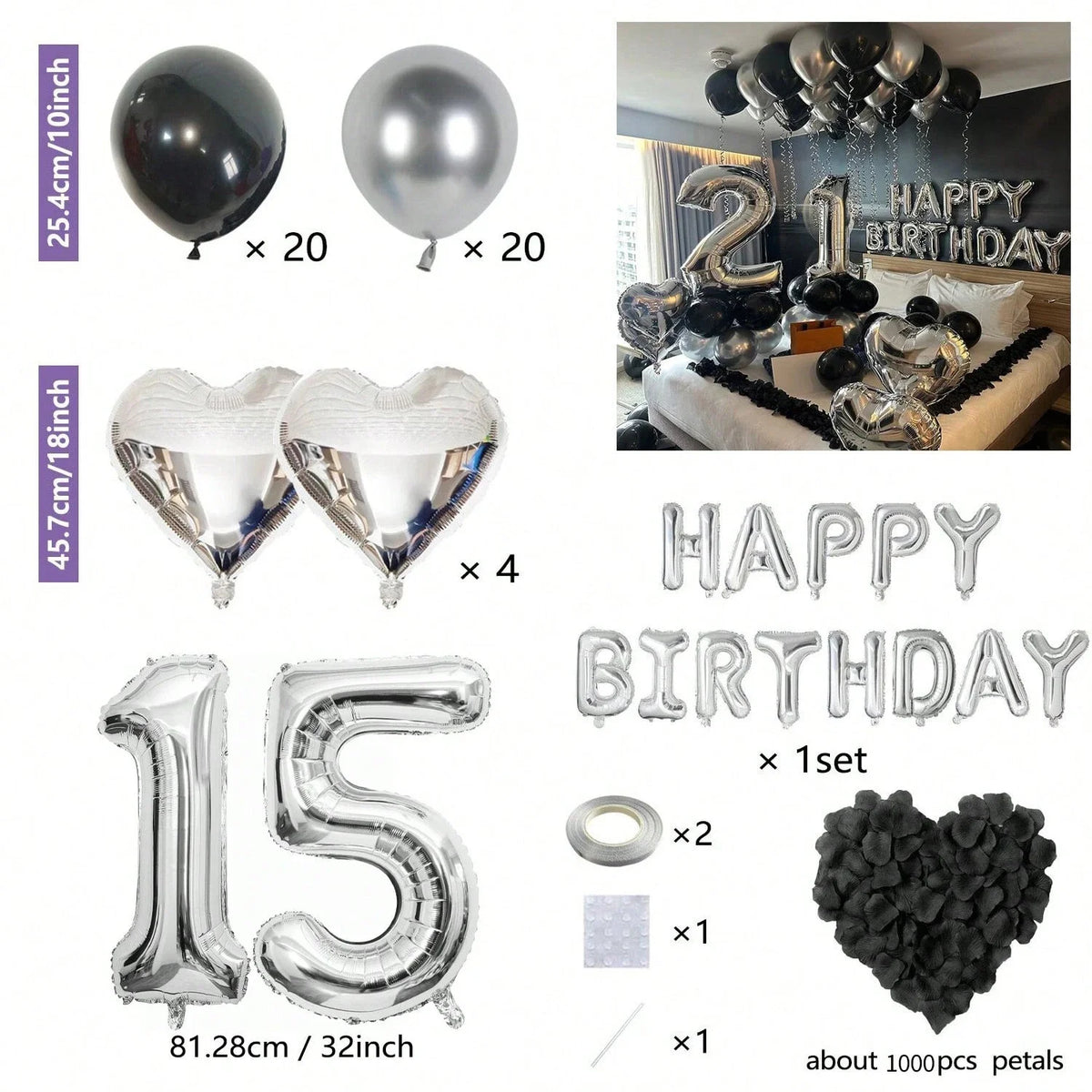 Bulk set of silver and black balloons including round balloons, heart balloons, and number balloons for birthday parties