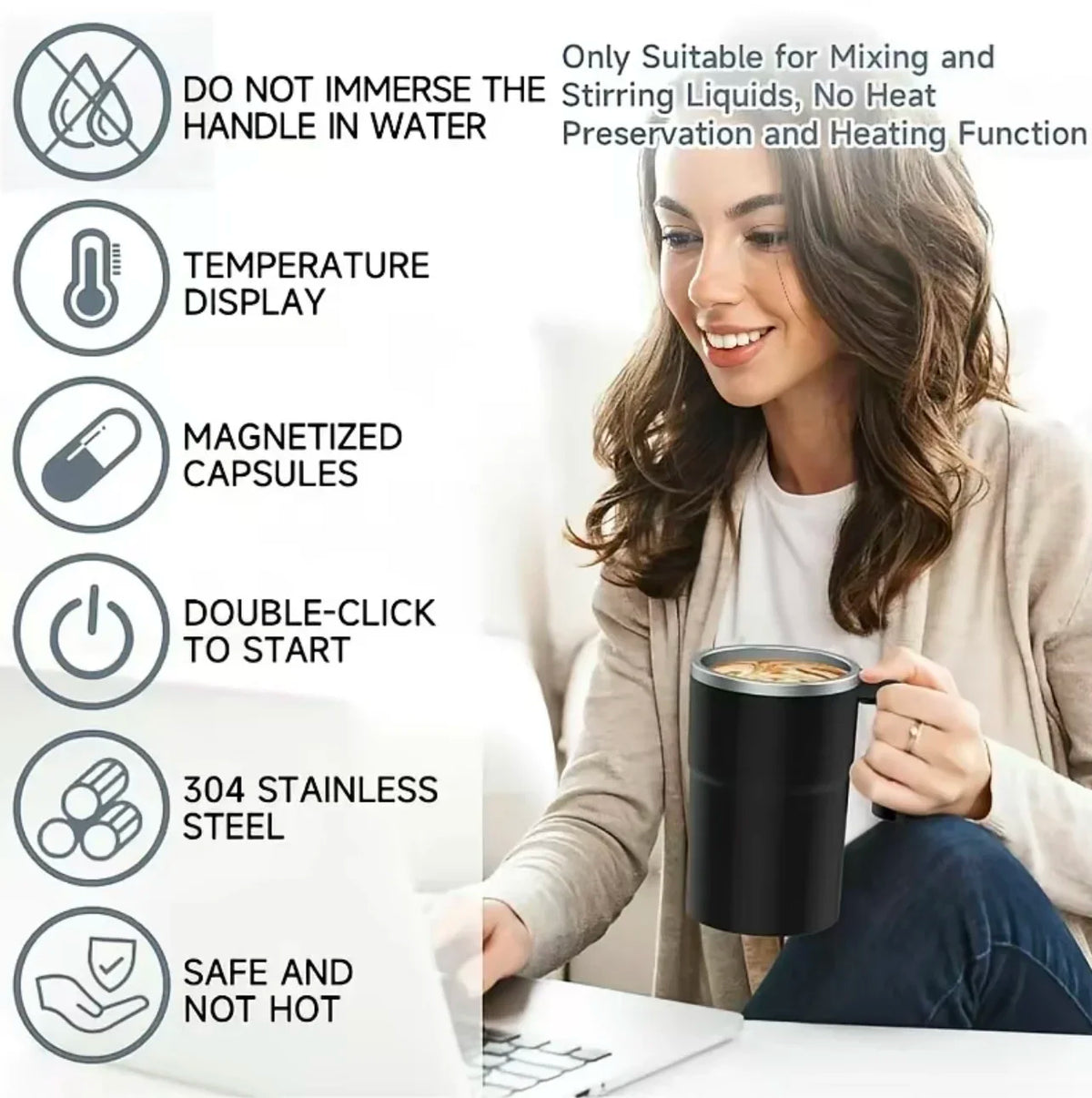 A woman holds a black electric self-stirring coffee mug next to a laptop, with various features listed on the left.