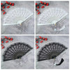 Four images showing a white lace fabric folding hand fan in various angles and colors against a gray background.