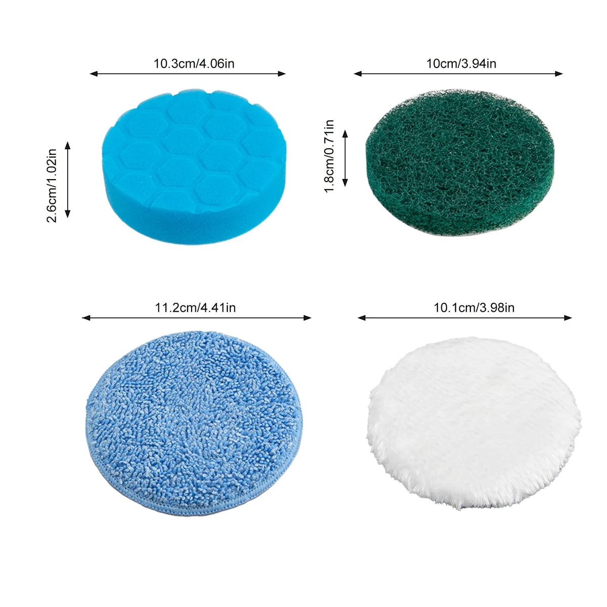 Four replacement brush heads for rotary scrubbers shown in blue, green, light blue, and white.