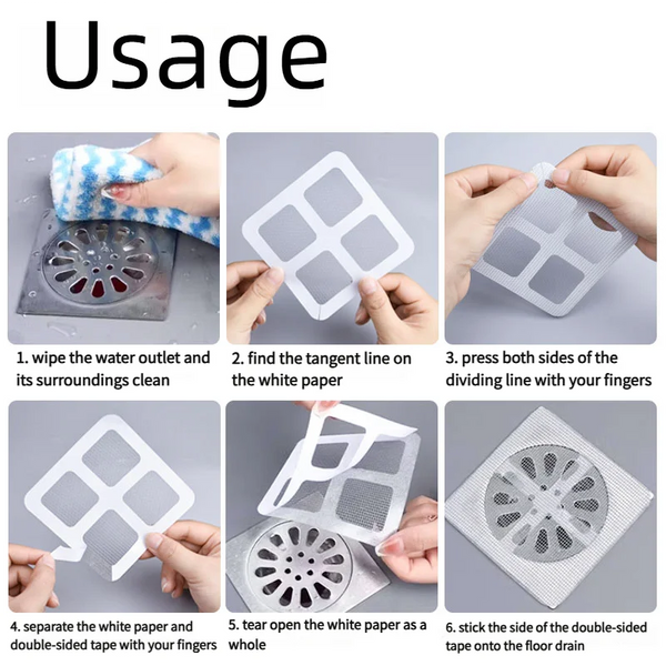 Step-by-step instructions showing how to use a self-adhesive floor drain and hair filter net for cleaning.