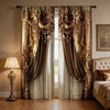 A pair of luxurious brown and gold Baroque print curtains hanging in a window frame.