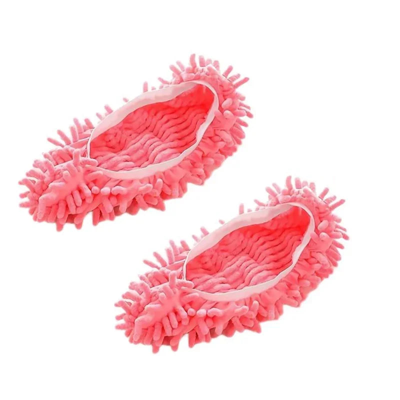 A pair of pink, fluffy dust-absorbing slippers designed for floor cleaning.