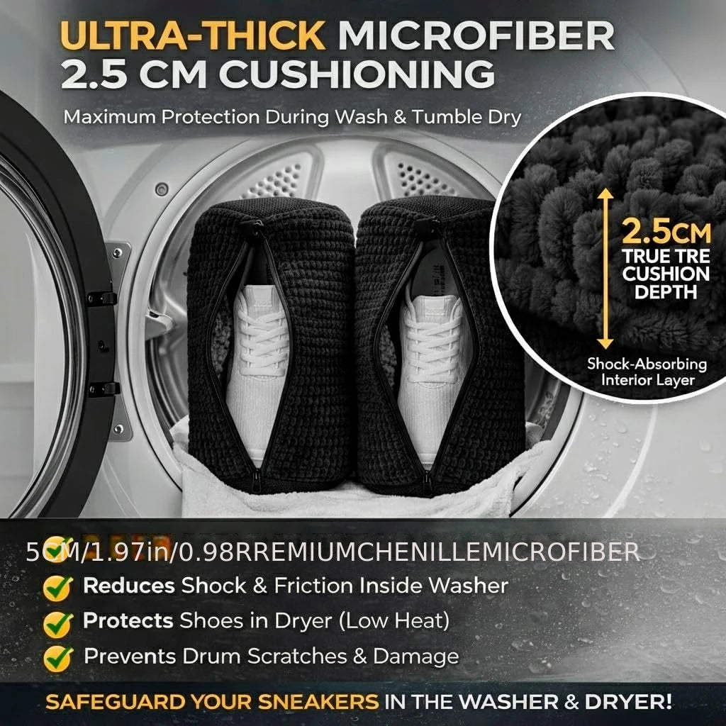Ultra-thick microfiber shoe laundry bags with 2.5 cm cushioning protecting shoes during washing and tumble dry
