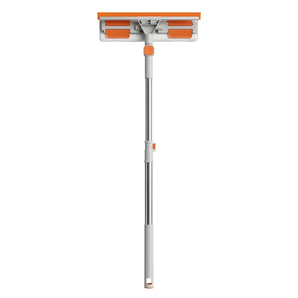 A gray double-sided window cleaning tool with an orange cleaning pad and a long handle.