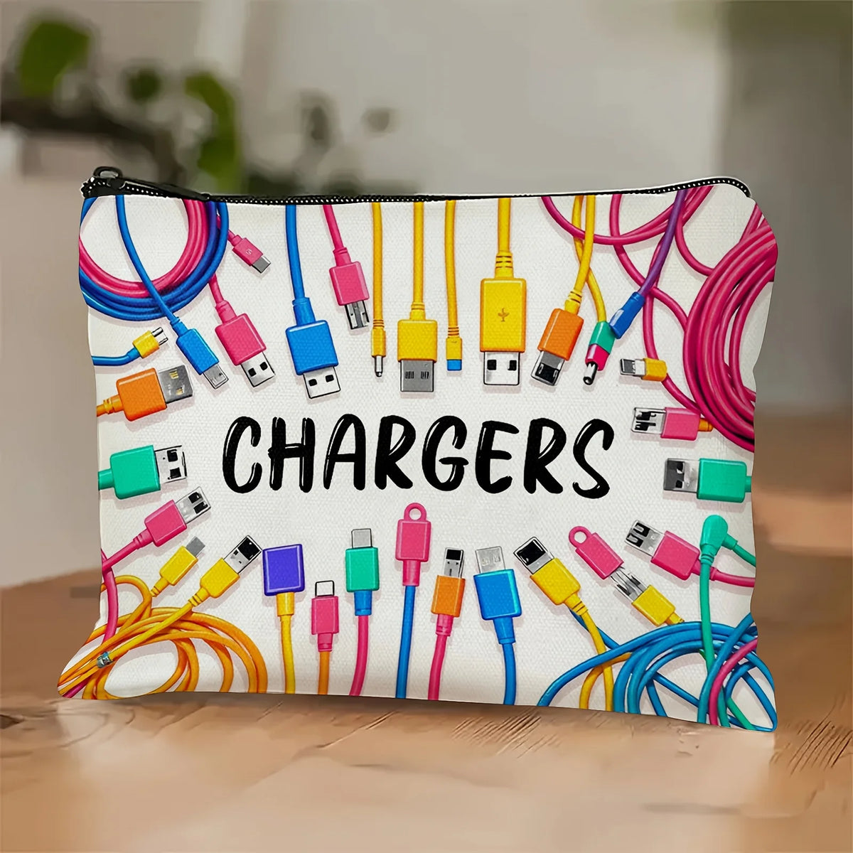 A zippered pouch filled with various charging cables and connectors for organizing electronics.