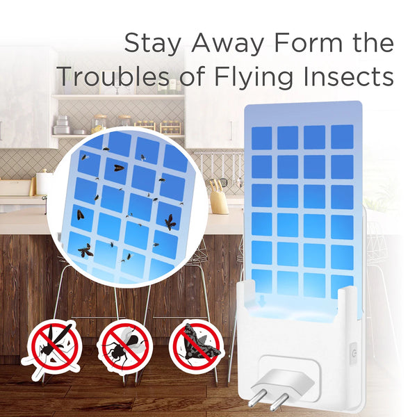 A white adhesive mosquito killer lamp with a blue light is shown next to a table, demonstrating its use for staying away from