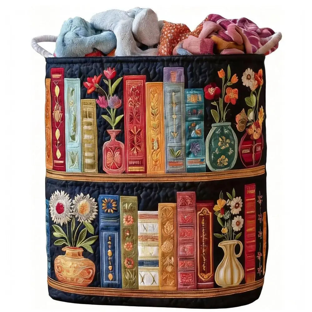 A quilted laundry basket filled with colorful fabric and various glass jars and books.