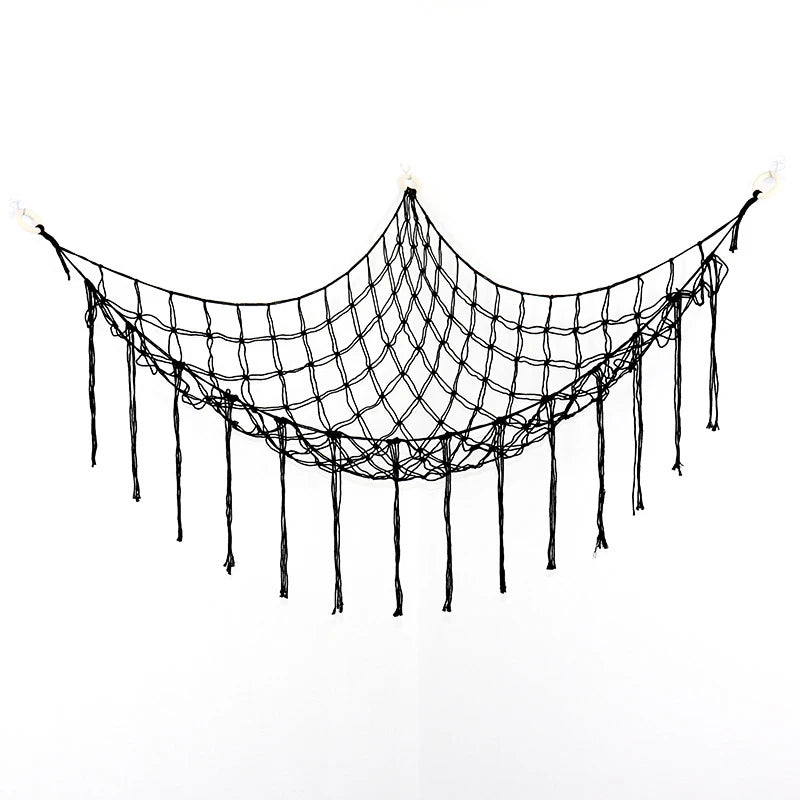 Black mesh hammock storage net with hanging strands