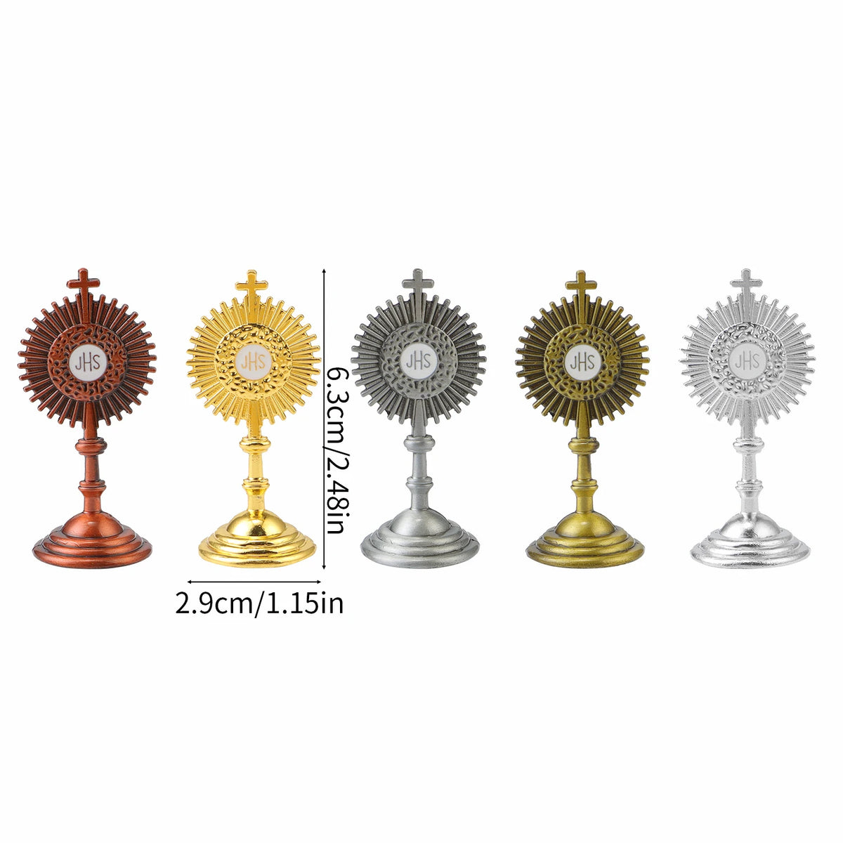 A set of five mini metal religious ornaments featuring a sunburst design in copper, gold, silver, and bronze tones.
