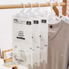 Clear hanging bags with hook types and capacity labels for dehumidifying closet items