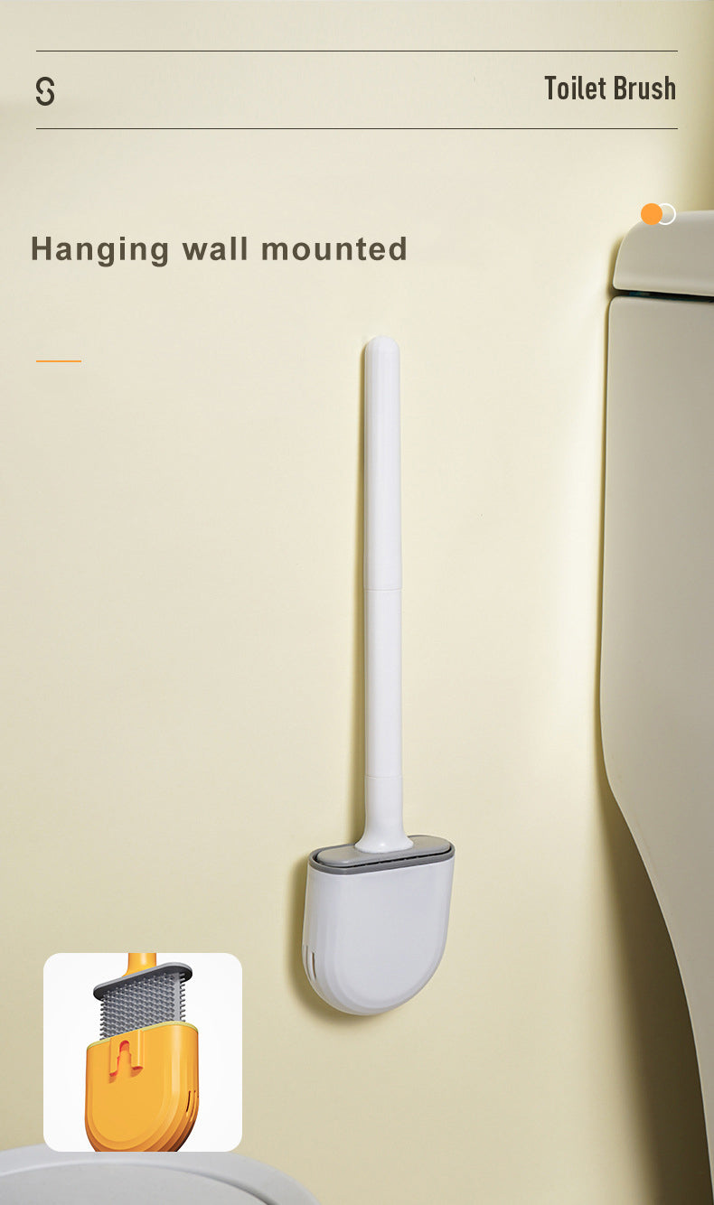 Une brosse à toilette en silicone blanche est accrochée au mur, avec un insert montrant la tête de la brosse.