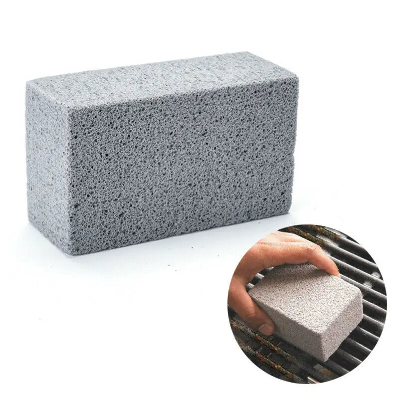 A gray block of pumice stone shown next to a hand holding a similar-sized piece.