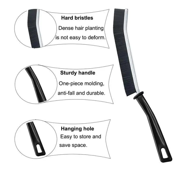 A set of crevice cleaning brushes featuring hard bristles, a sturdy handle, and a hanging hole for storage.