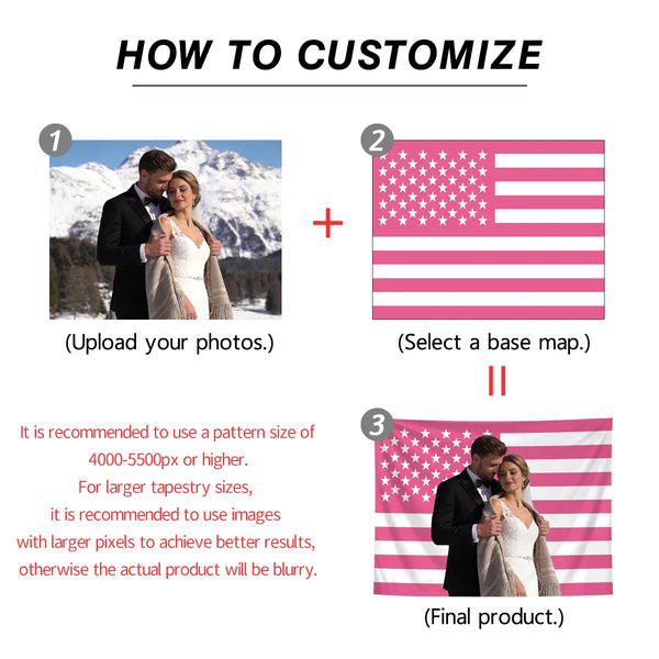 Instructions for customizing a flag tapestry wall decor by uploading photos and selecting a base map.