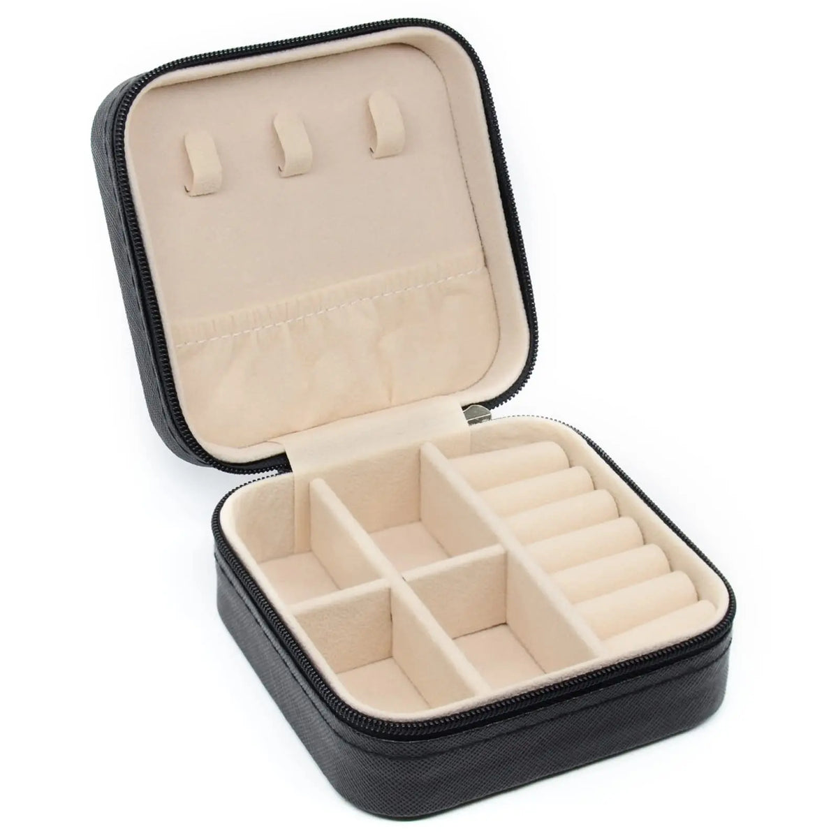 A black portable PU leather jewelry storage box with a hinged lid and divided compartments.