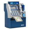 A blue ATM-like machine is shown with a slot for banknotes and coins.