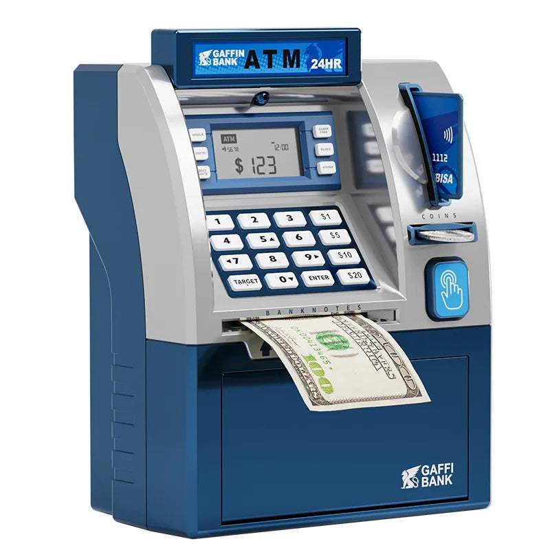 A blue ATM-like machine is shown with a slot for banknotes and coins.