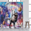 Cortina de ducha con tema divertido de dinosaurios y gatos surf en el espacio