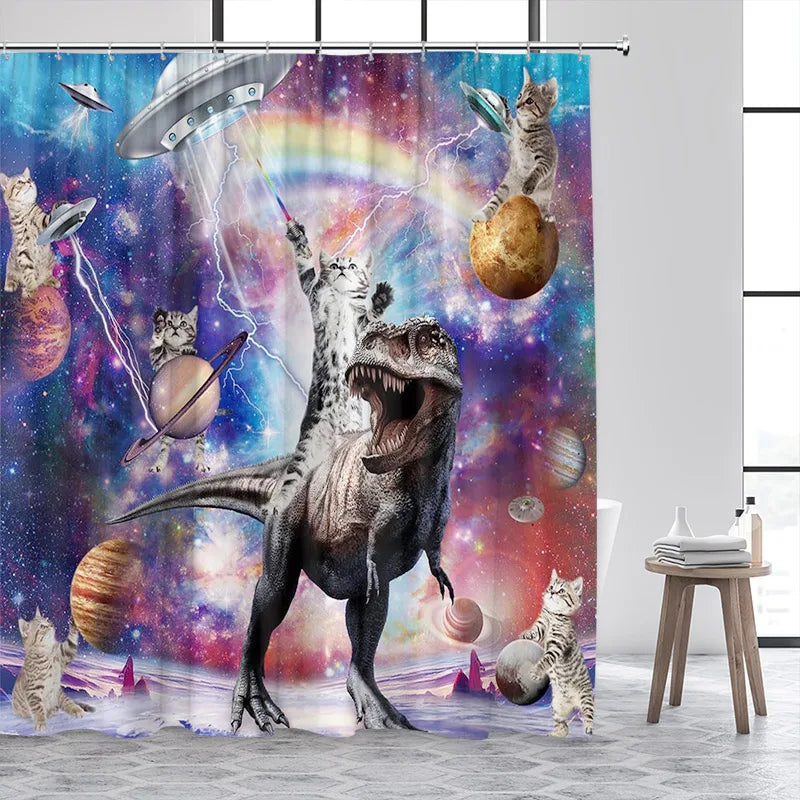 Cortina de ducha con tema divertido de dinosaurios y gatos surf en el espacio