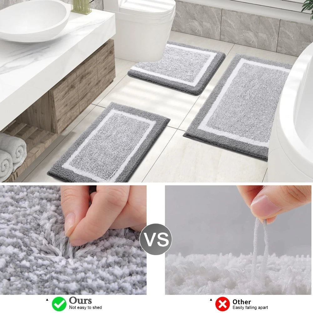A set of gray microfiber bath mats shown next to a toilet and sink, with a comparison showing easy shedding versus other mate