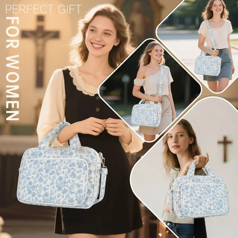 A woman holds a light blue floral quilted Bible cover bag with study accessories.