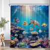 A tropical sea life shower curtain featuring colorful fish and marine plants.