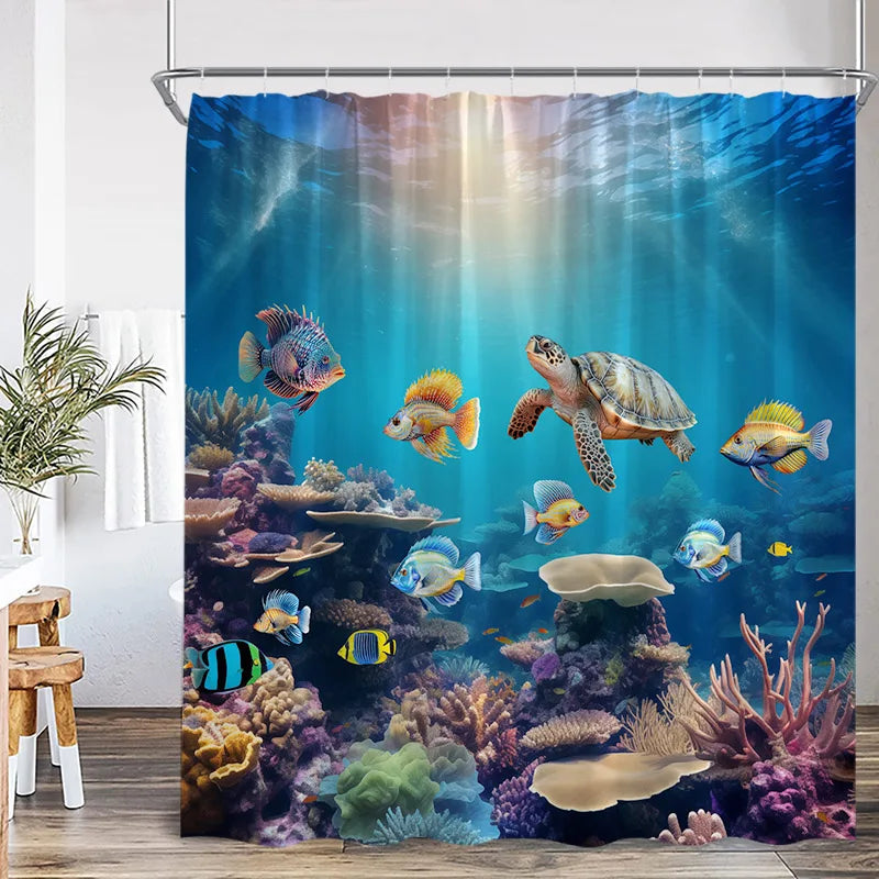 A tropical sea life shower curtain featuring colorful fish and marine plants.