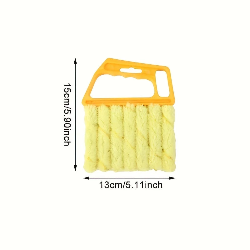 Yellow detachable window blind cleaning brush with a handle and bristled cleaning fibers
