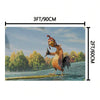 A tapestry wall hanging depicting a funny, orange-brown chicken with red features standing near water.