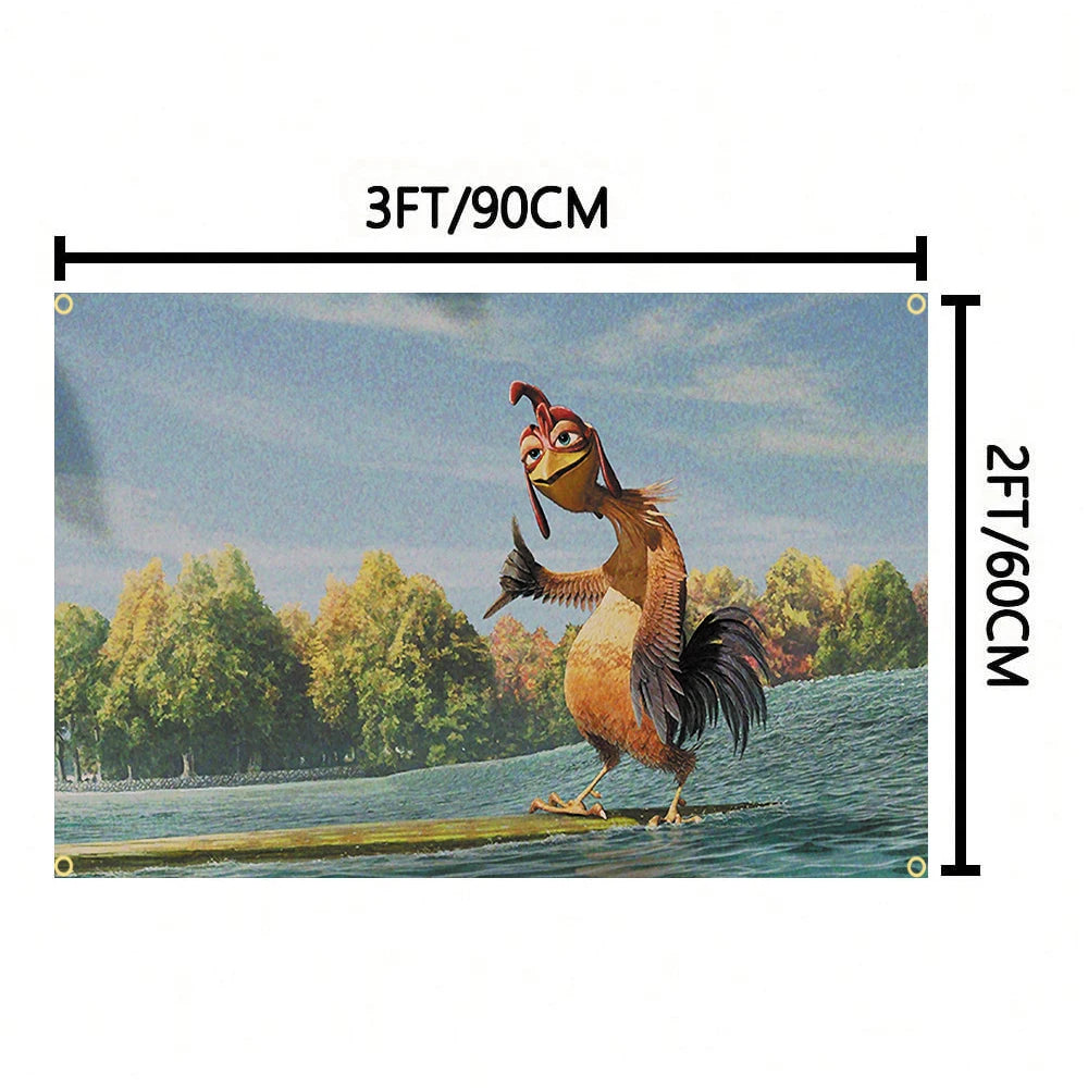 A tapestry wall hanging depicting a funny, orange-brown chicken with red features standing near water.