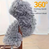 Gray fluffy microfiber duster with an extension rod demonstrating 360 degree bending.