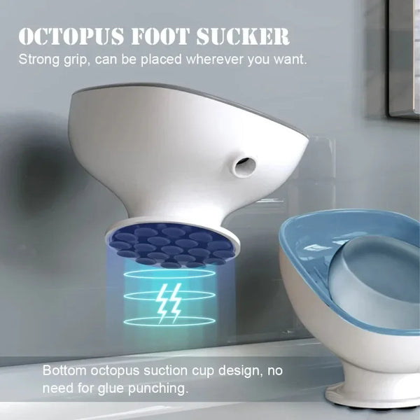 A white octopus foot sucker soap dish with a glowing blue light is shown on a countertop.