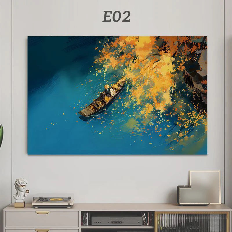 An oil painting depicting a yellow boat sailing on blue water with vibrant autumn foliage.