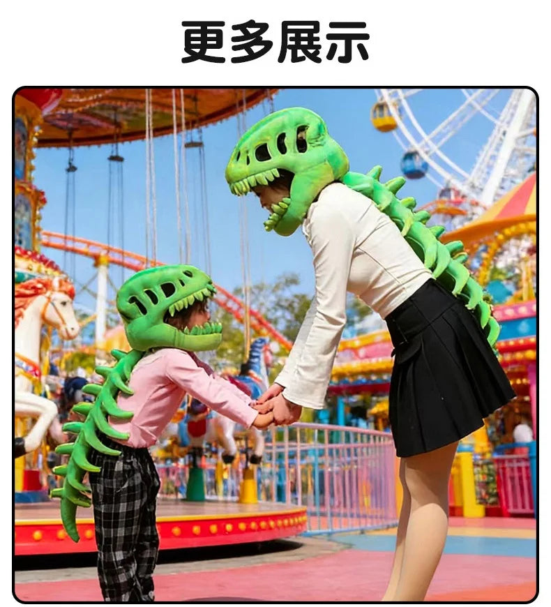 A person wearing a realistic green dinosaur skeleton costume interacts with a child in a colorful amusement park setting.
